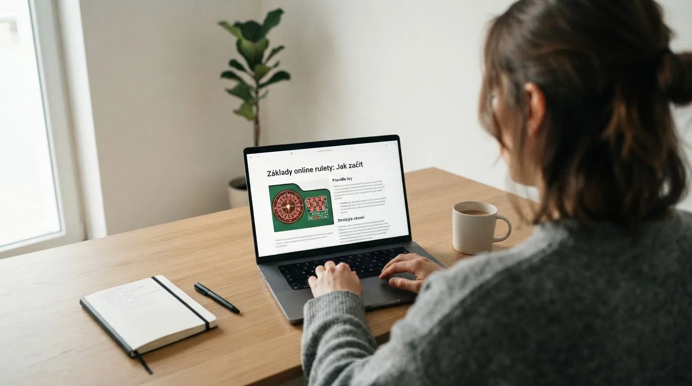 Člověk u notebooku čte informační stránku o online hazardu v Česku — 30, 50, 100, 150 free spinů bez vkladu