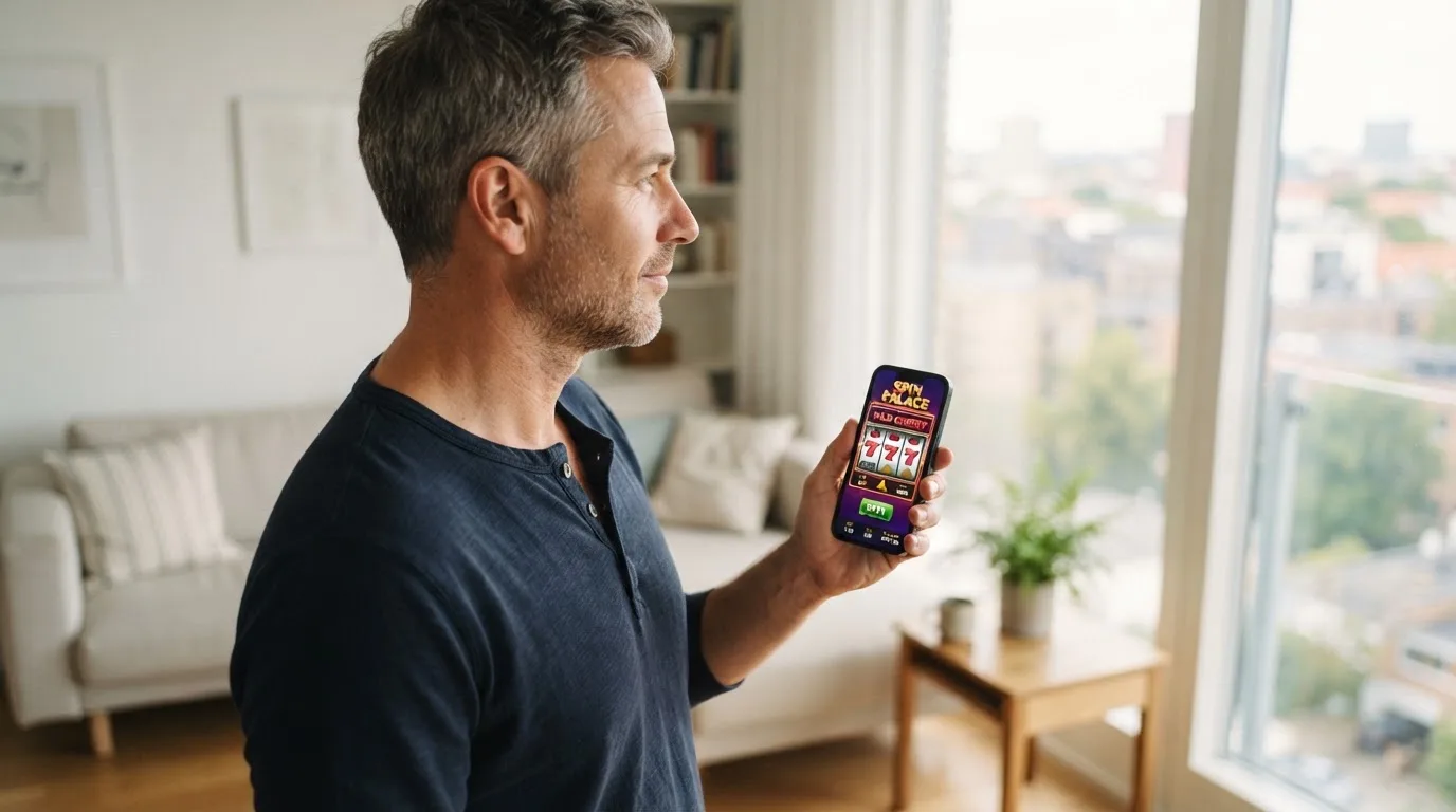 Muž v obývacím pokoji drží telefon a zamyšleně hledí z okna za dne.