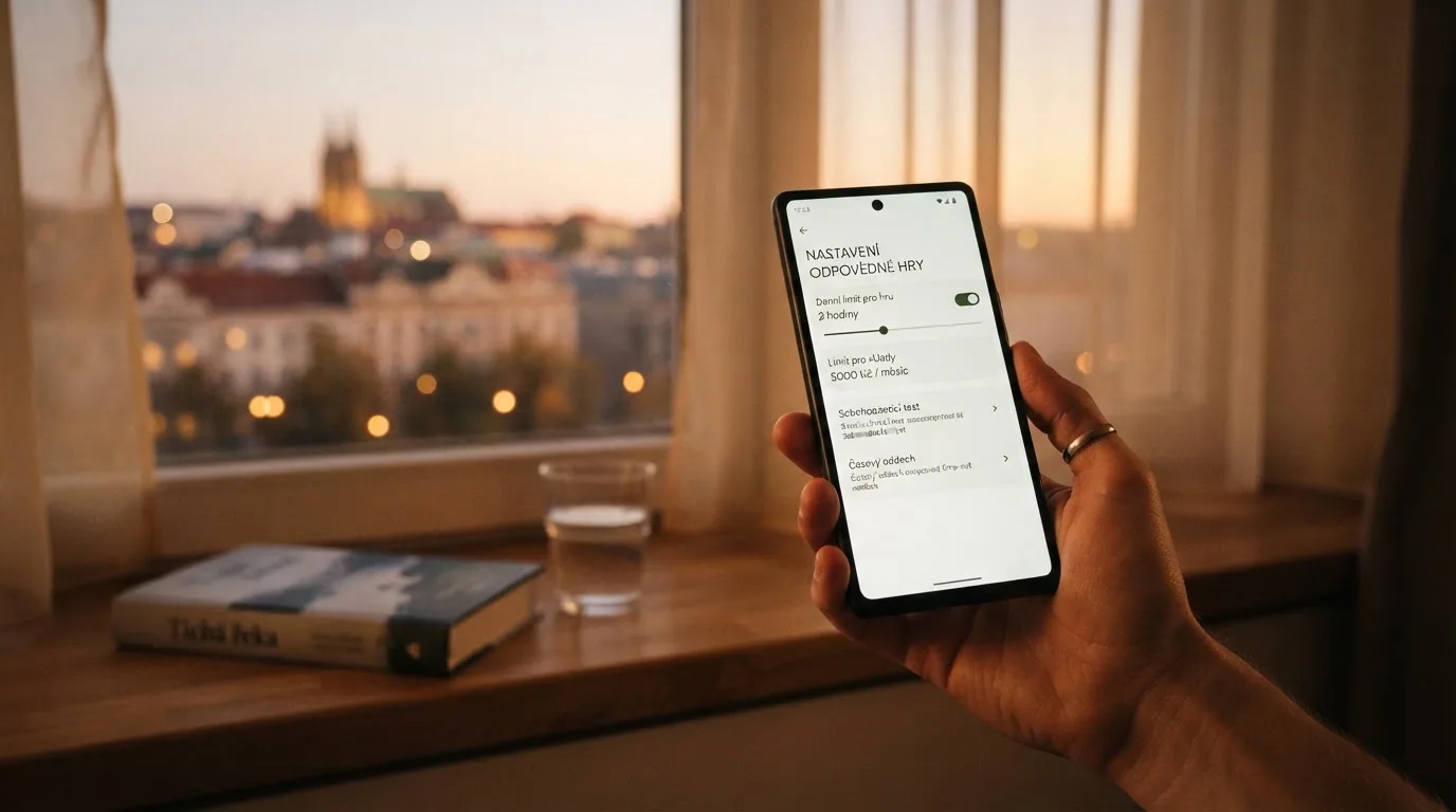Ruka drží chytrý telefon u okna, klidné večerní světlo — bezpečné zahraniční casino pro české hráče