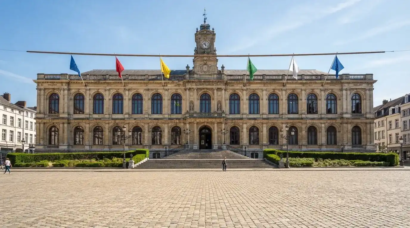Historická úřední budova s vlajkami na slunečném náměstí — bonus za založení účtu casino