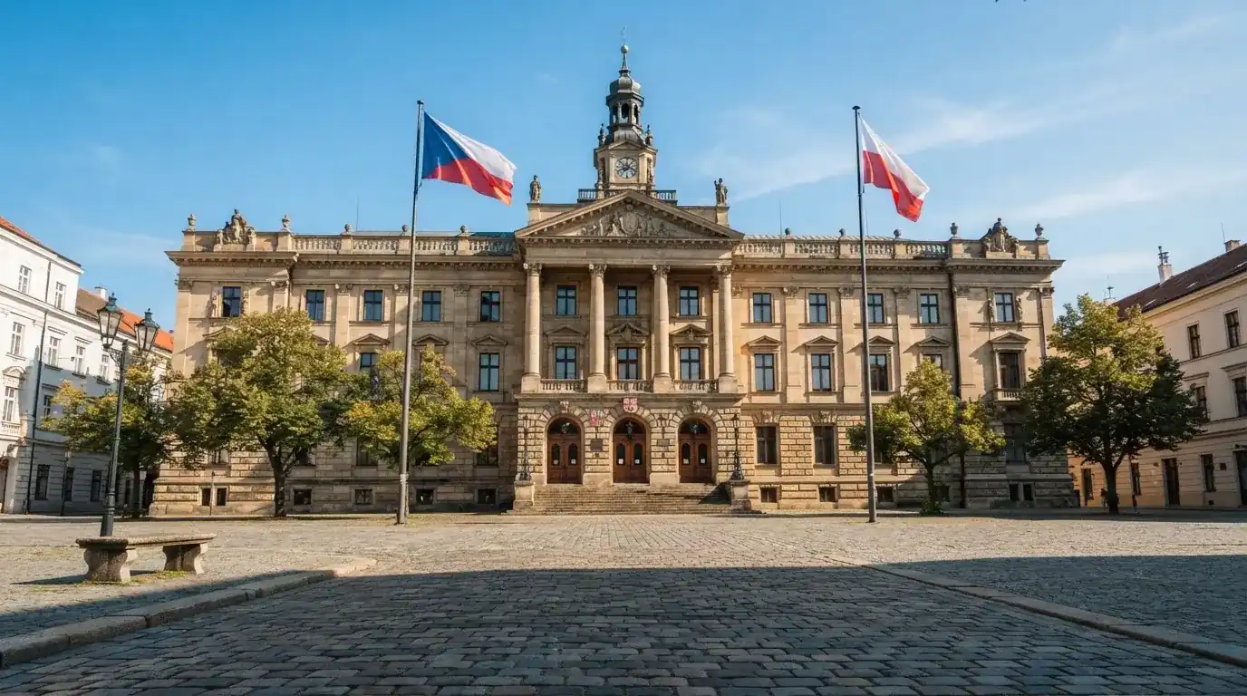Historická úřední budova s vlajkami na slunečném náměstí — casina bez nutnosti vkladu s bonusem