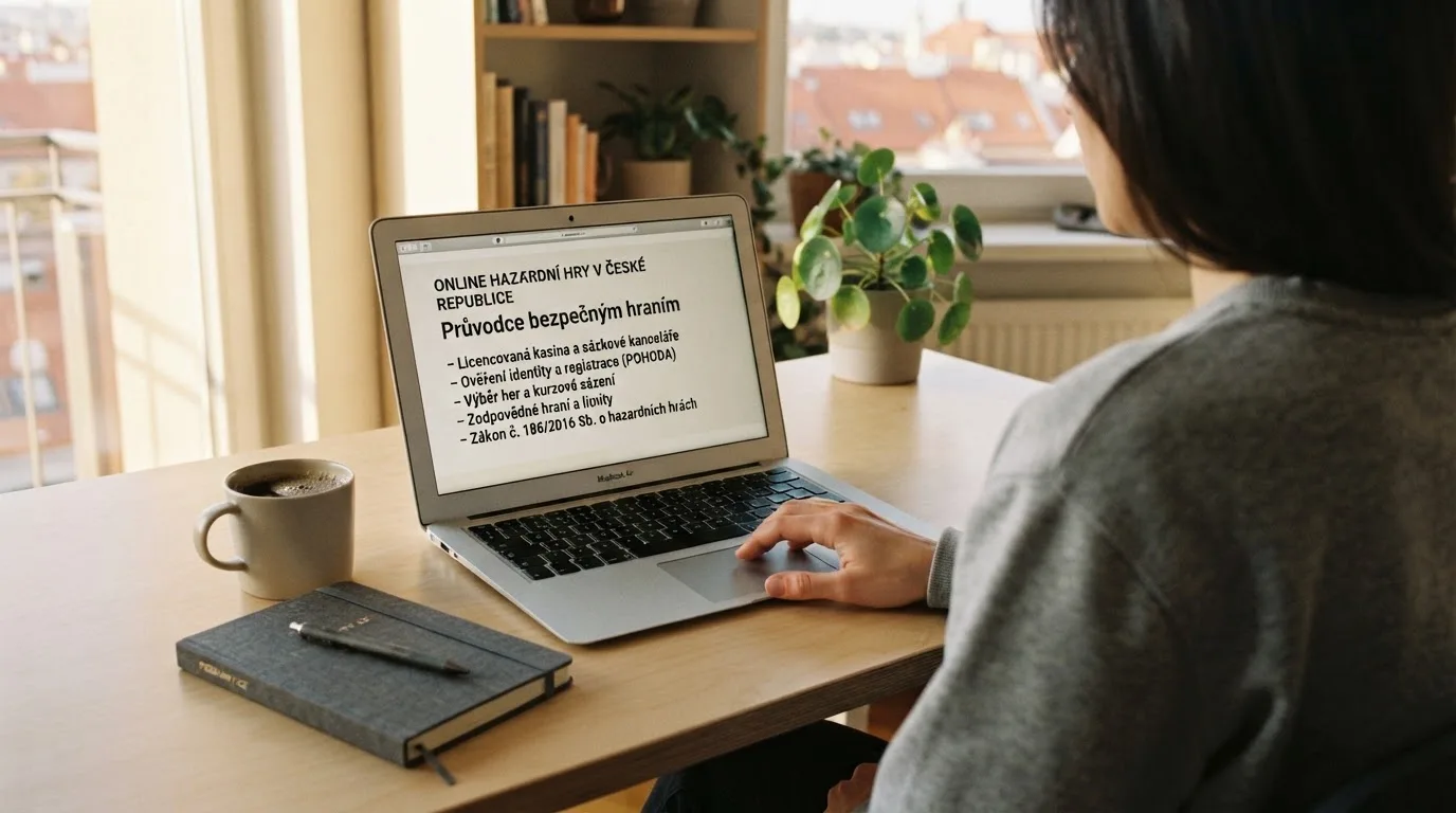 Člověk u notebooku čte informační stránku o online hazardu v Česku — casina online bez ověření totožnosti