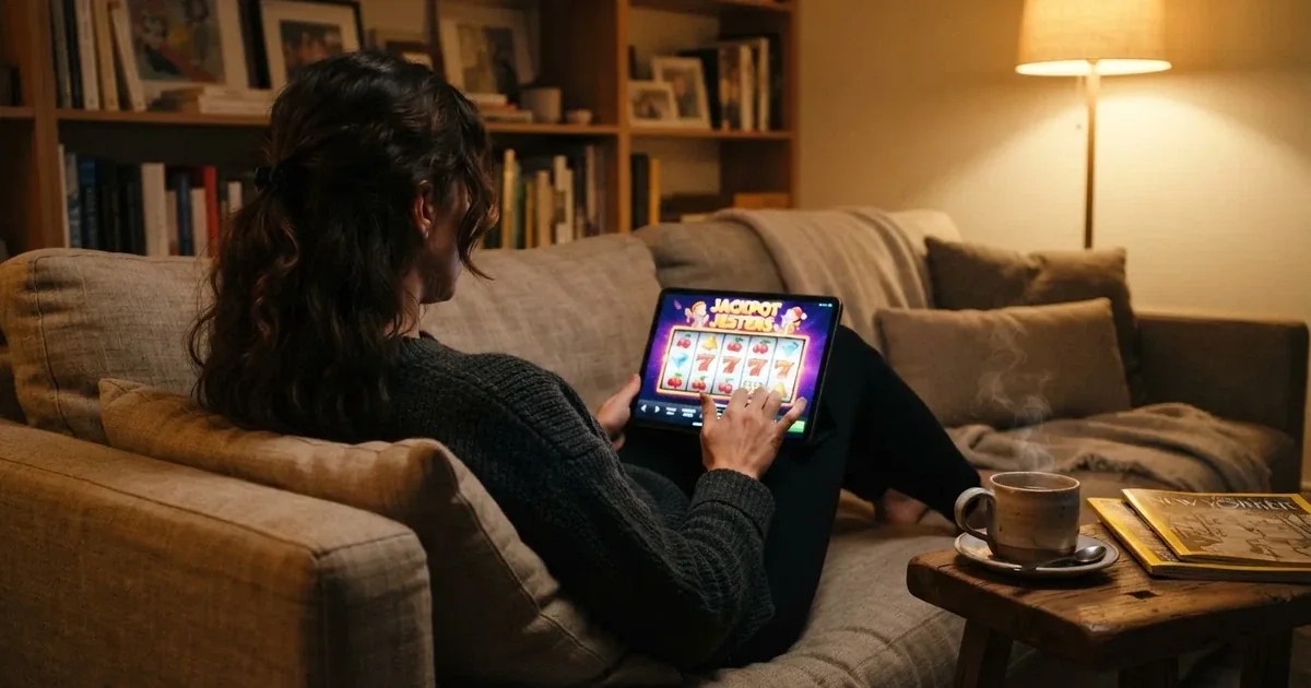 Hráč na gauči s tabletem, šálek kávy na stolku, teplé světlo — casina promo kód bez vkladu