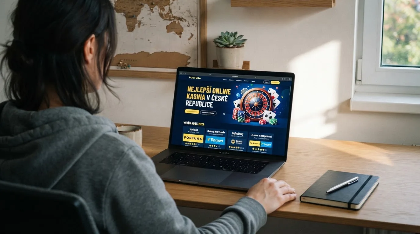 Člověk u notebooku čte informační stránku o online hazardu v Česku — casina promo kód bez vkladu