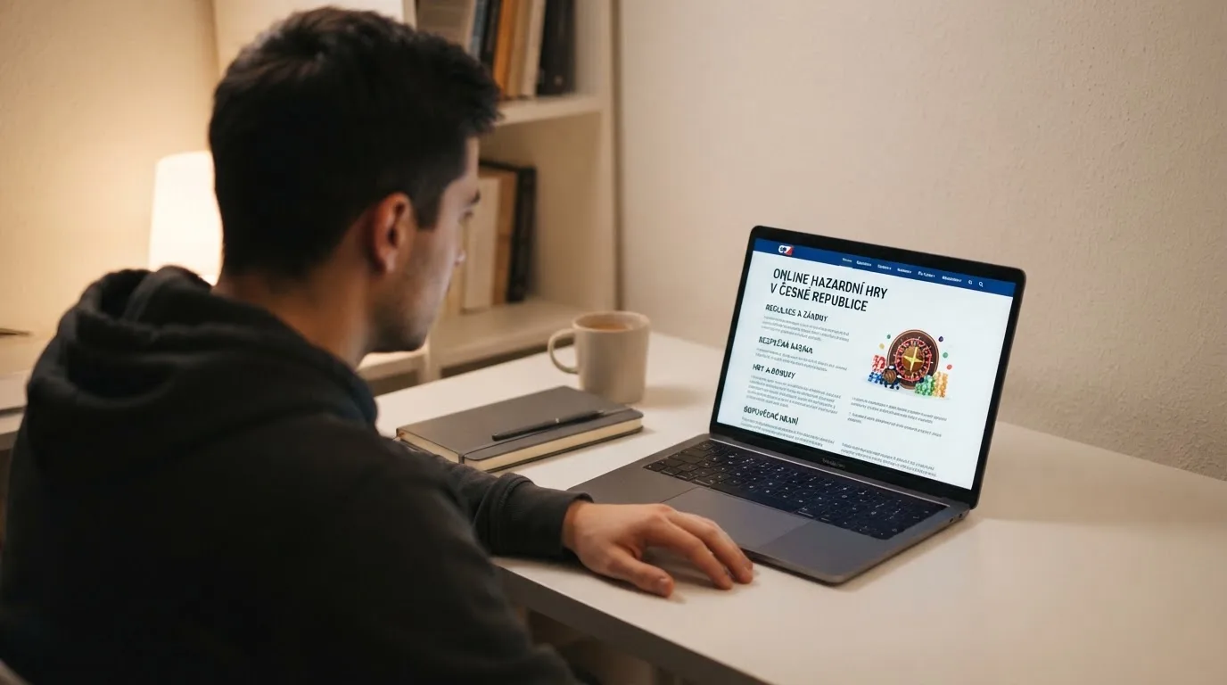 Člověk u notebooku čte informační stránku o online hazardu v Česku — casino minimální vklad 1, 5, 10 euro