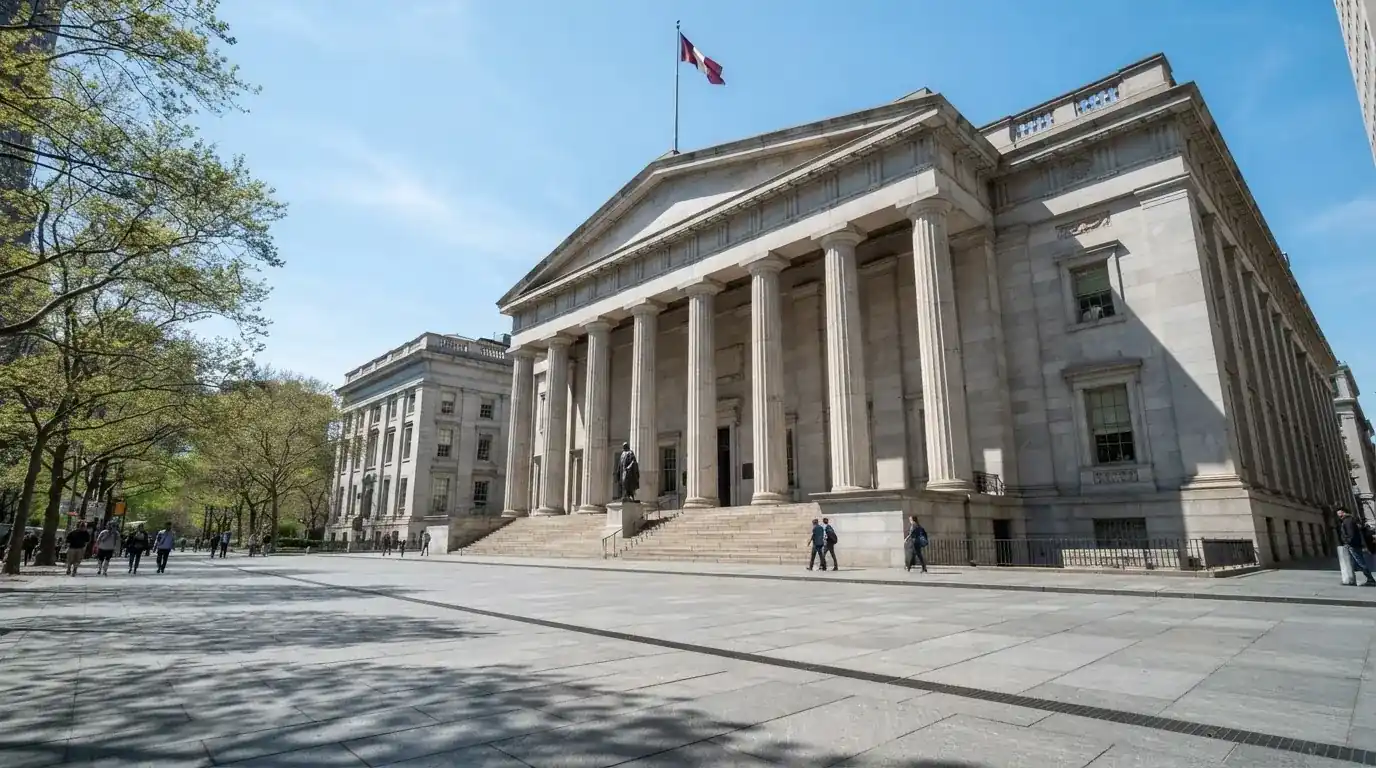 Kamenná budova s sloupy a vlajkou stojí na náměstí za jasného dne.
