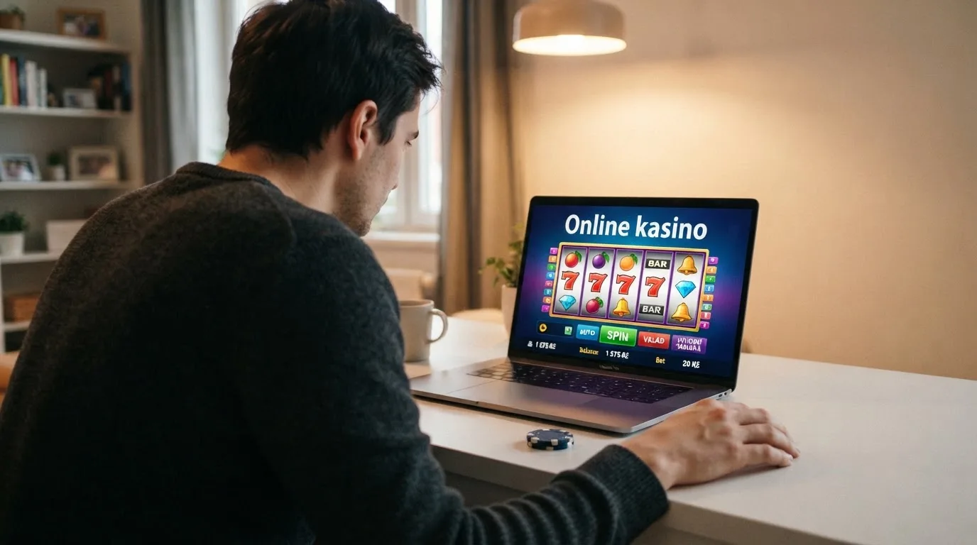 Člověk u notebooku čte informační stránku o online hazardu v Česku — casino platba paysafecard