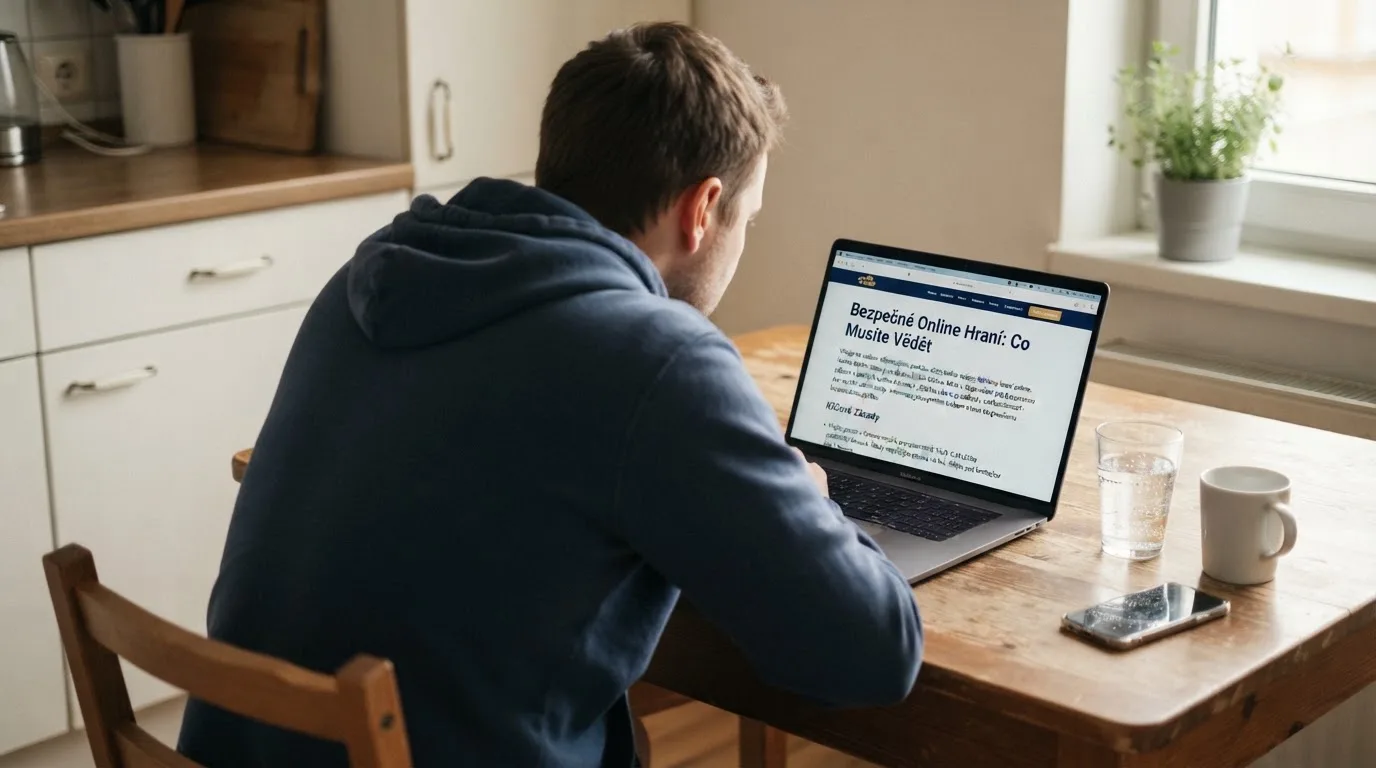 Člověk u notebooku čte informační stránku o online hazardu v Česku — hrací automaty hrací automaty zdarma online