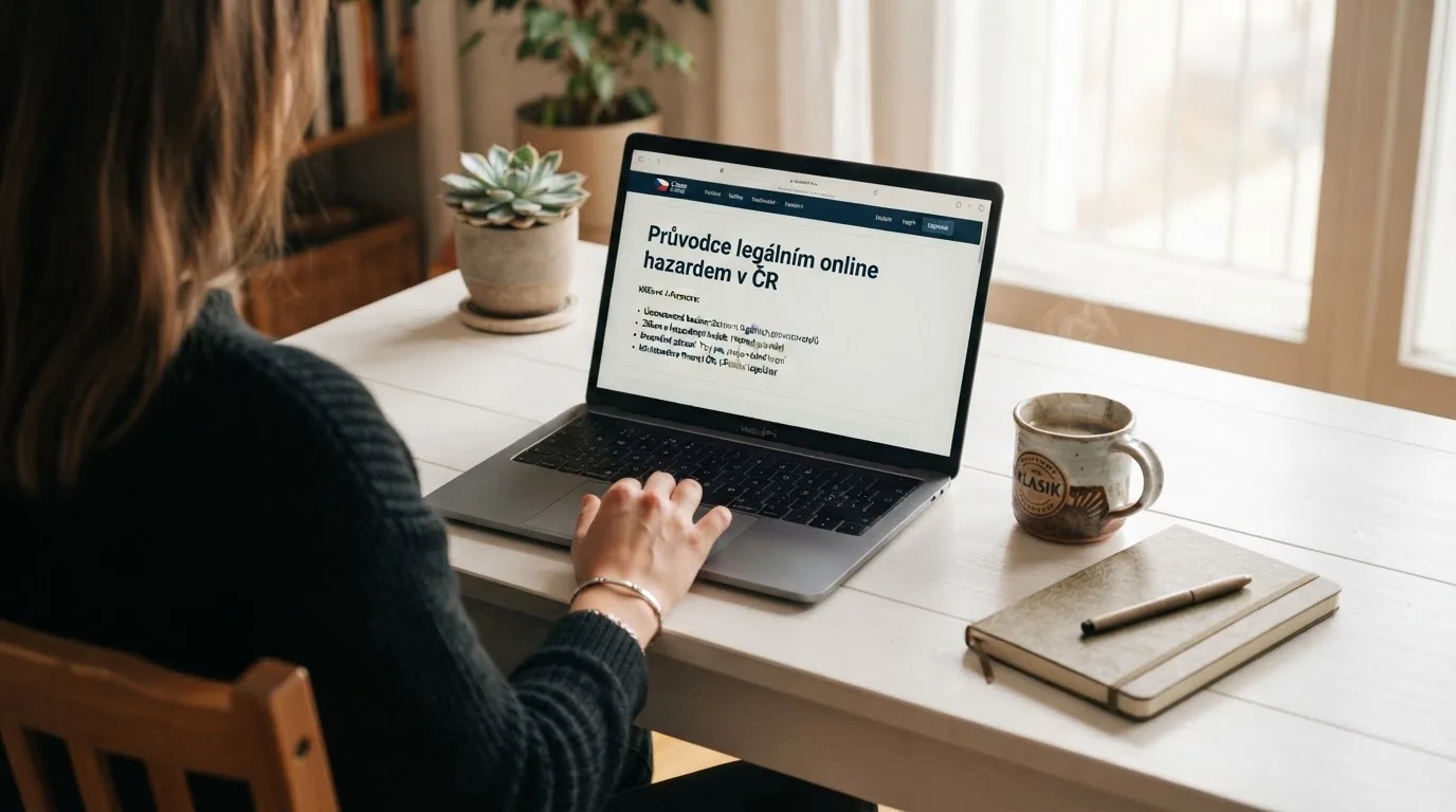 Člověk u notebooku čte informační stránku o online hazardu v Česku — hrací automaty zdarma ke stažení