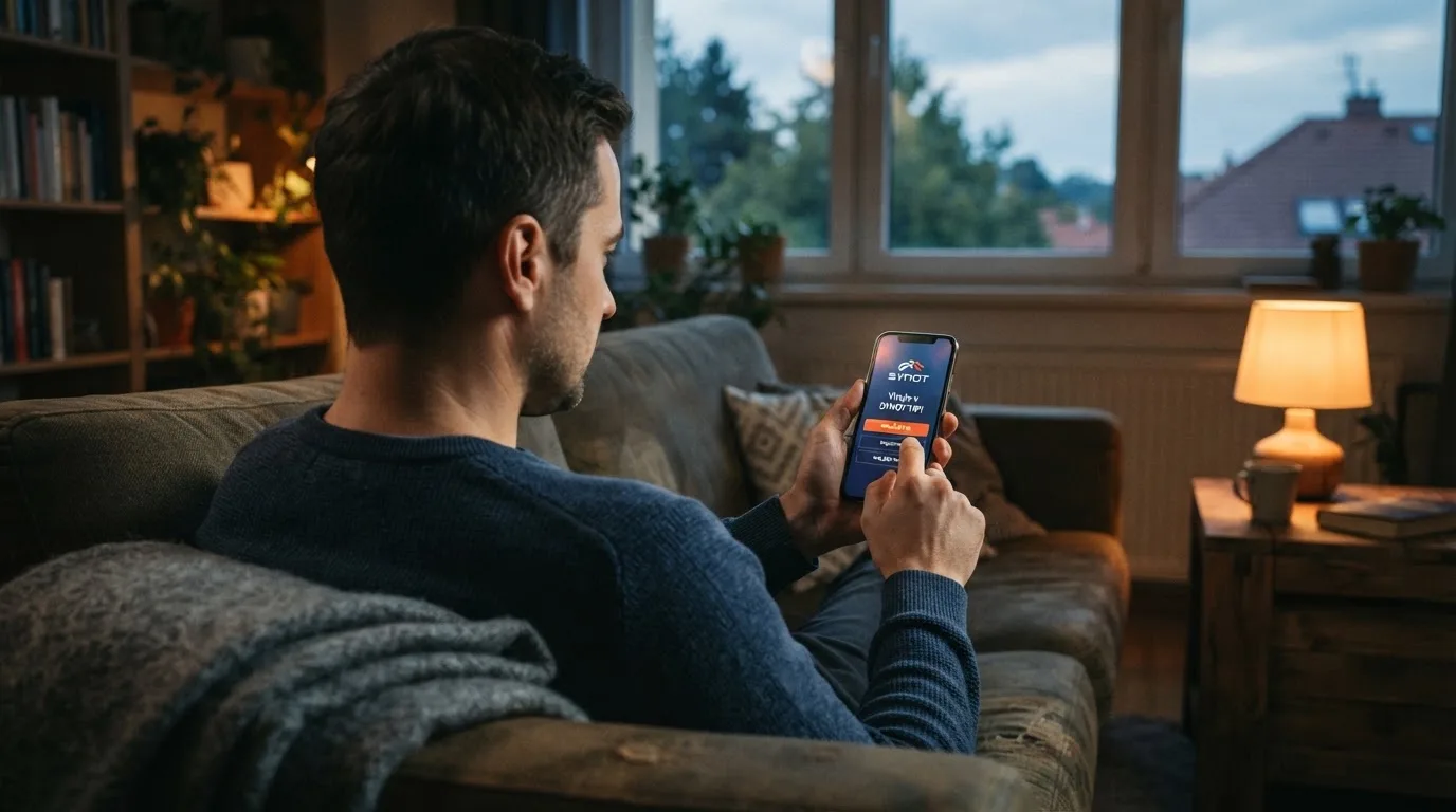 Muž sedí na gauči a poprvé otevírá aplikaci na chytrém telefonu večer.
