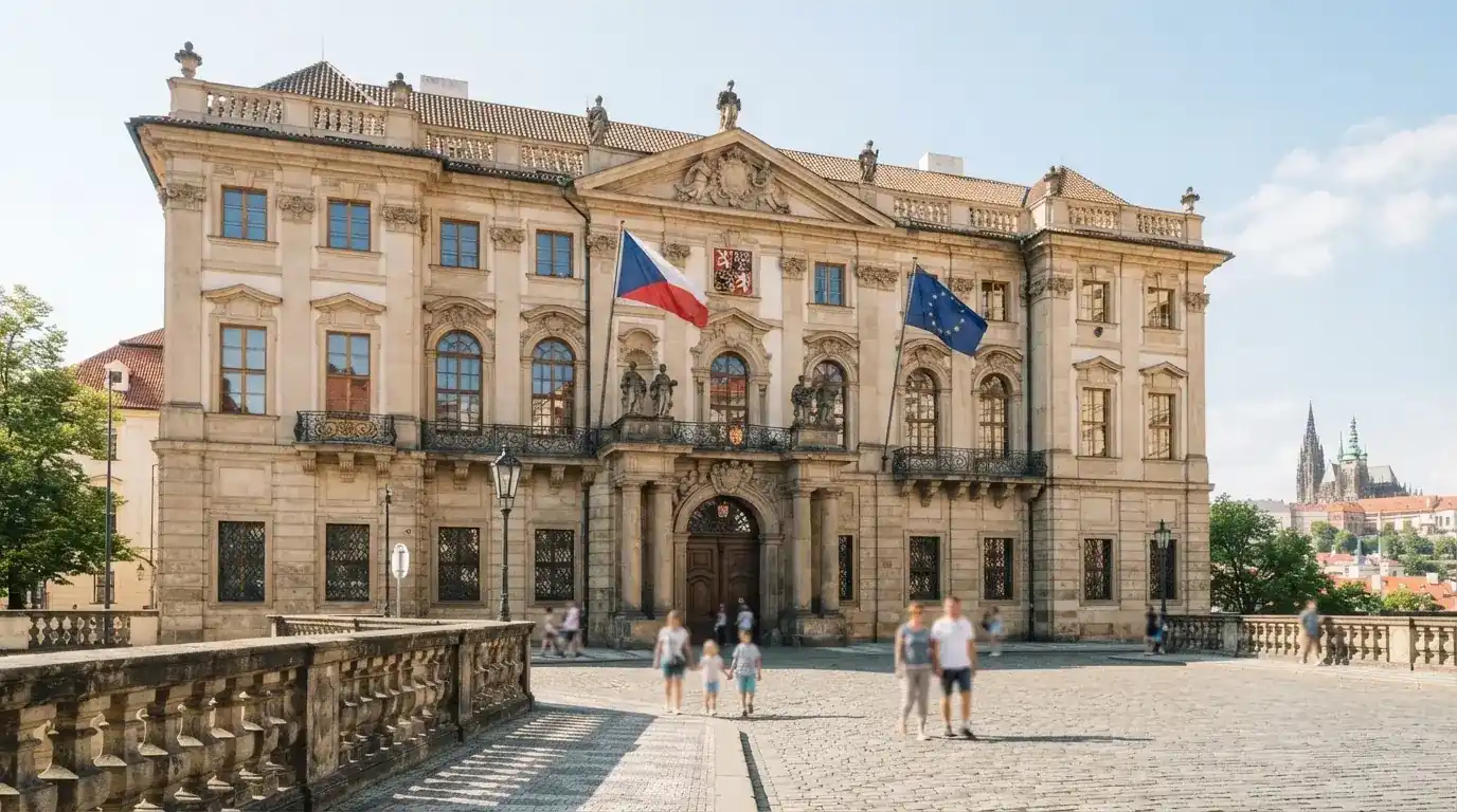 Historická úřední budova s vlajkami na slunečném náměstí — nejlepší krypto casino pro české hráče