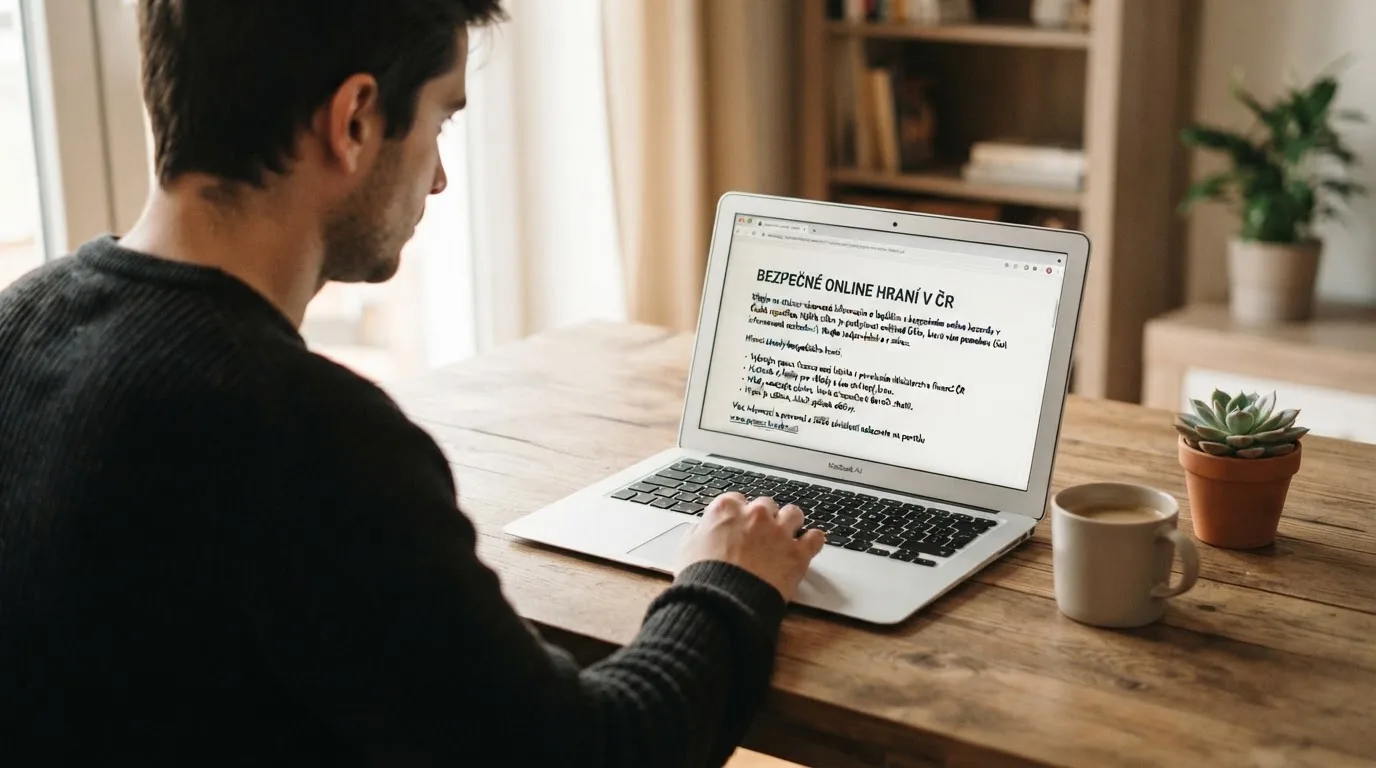 Člověk u notebooku čte informační stránku o online hazardu v Česku — nejlepší krypto casino pro české hráče