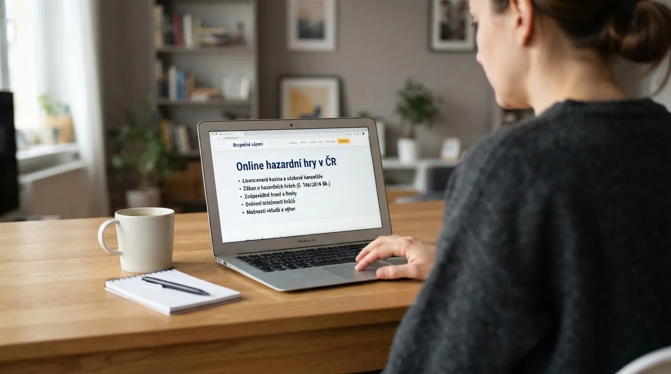 Člověk u notebooku čte informační stránku o online hazardu v Česku — nejlepší krypto kasina cz