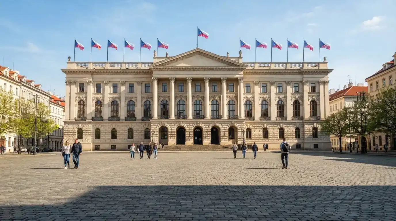 Historická úřední budova s vlajkami na slunečném náměstí — nejlepší live casino CZ