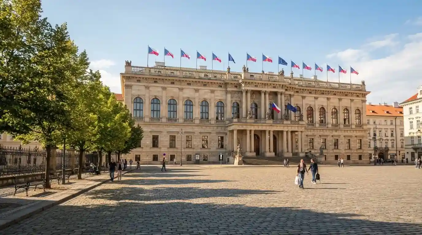 Historická úřední budova s vlajkami na slunečném náměstí — nejlepší mobilní online kasino česká republika