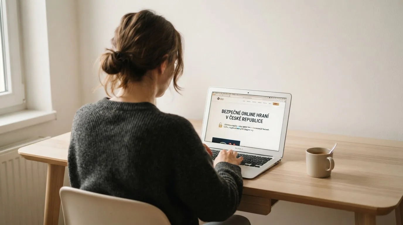 Člověk u notebooku čte informační stránku o online hazardu v Česku — nejlepší mobilní online kasino česká republika