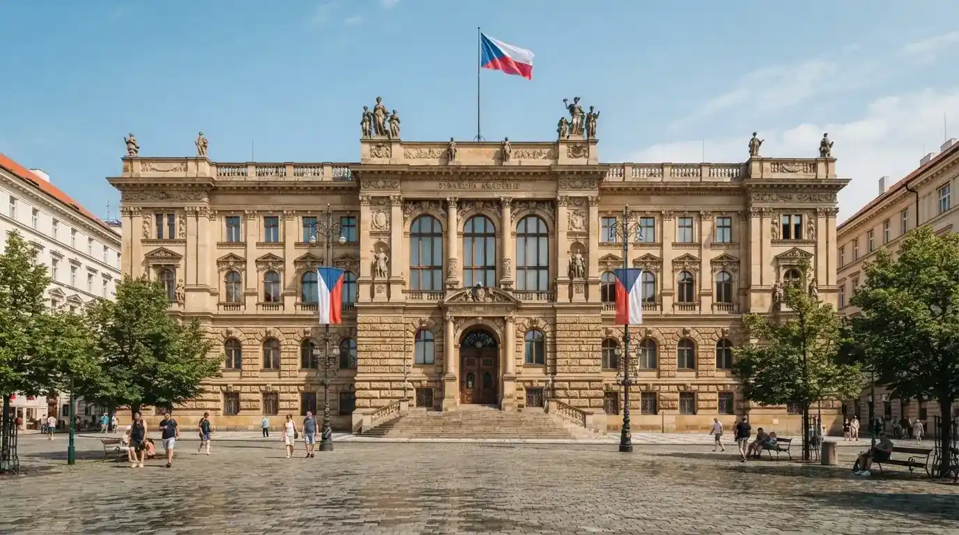 Historická úřední budova s vlajkami na slunečném náměstí — nejlepší online casino CZ