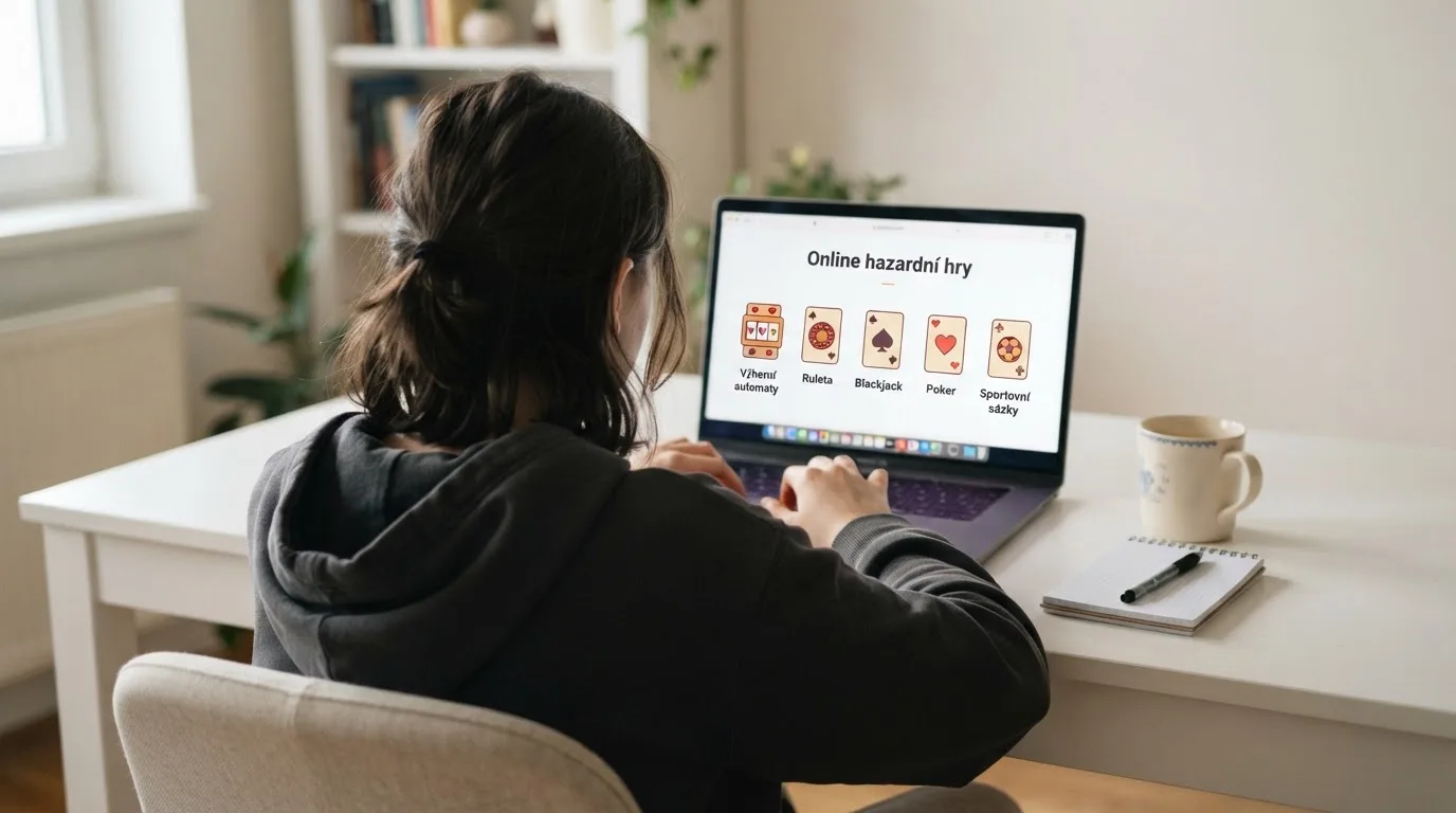Člověk u notebooku čte informační stránku o online hazardu v Česku — nejlepší online casino s vkladem přes bitcoin